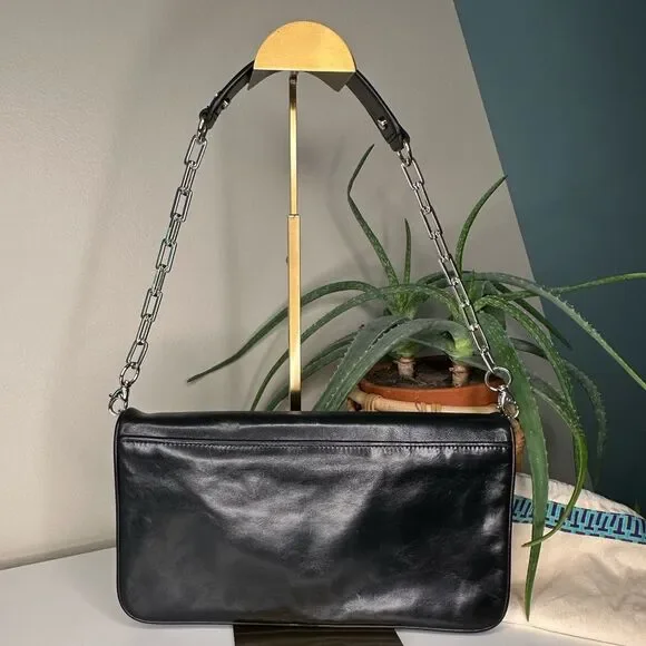 Tory Burch Black Leather Fold-Over Clutch | Removable Chain Strap | Silver Logo - Picture 4 of 12